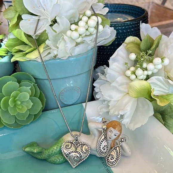 Brighton BIANCA Silver Swirl Scroll Heart Necklace Bracelet Earrings RARE